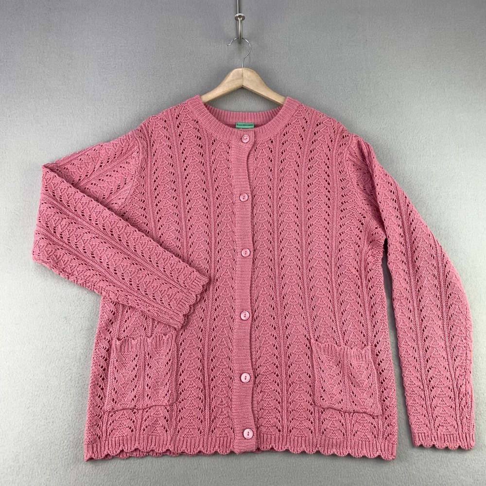 Sara Morgan Pointelle Knit Cardigan Sweater Women L Pink Button Front Cottage